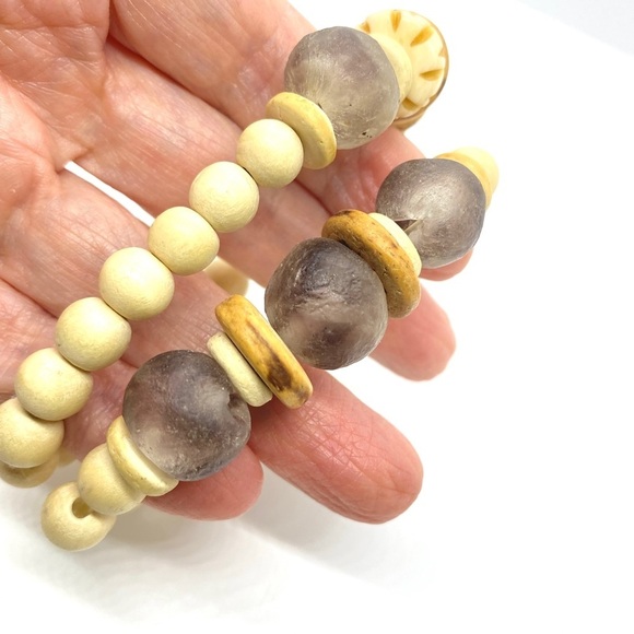 Boho Wood and Natural Beads Stretch Bracelet Pair - Picture 5 of 6